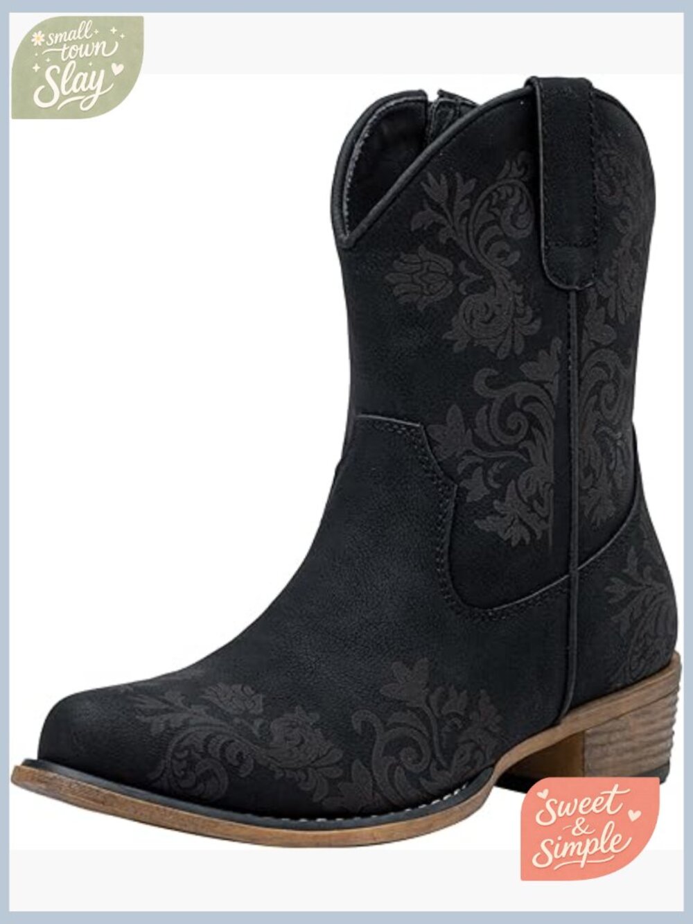 Women's Cowboy Ankle Boots Square Toe Low Heel with Zipper